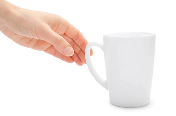 Mano de mujer sosteniendo taza blanca . — Foto de Stock