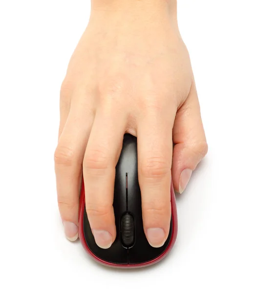 Przytrzymanie myszki komputerowej ręka kobiety. — Zdjęcie stockowe