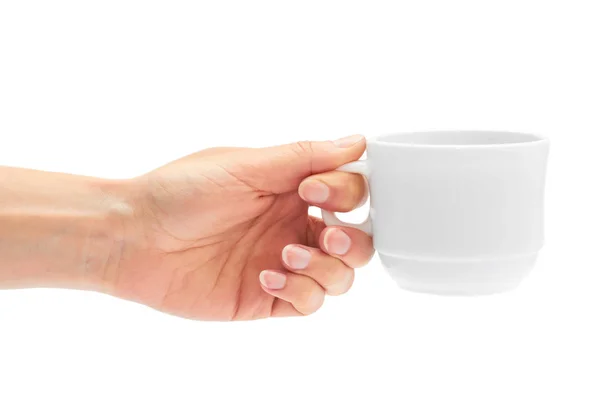 Female hand holds a cup of tea. Isolated on white background — Stock Photo, Image