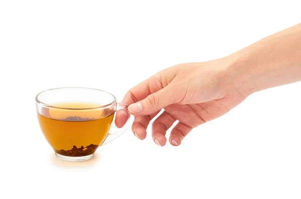 Female hand holds a cup of tea. Isolated on white background — Stock Photo, Image