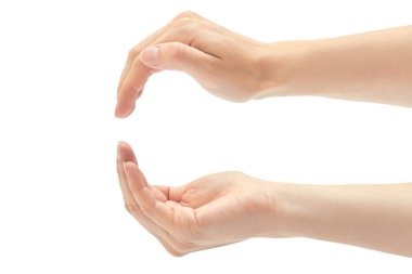 Güzel kadın el jest korumak. Beyaz arka plan üzerinde izole