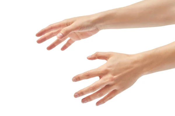 Mooie vrouwelijke hand verstikkende gebaar. Geïsoleerd op witte achtergrond — Stockfoto