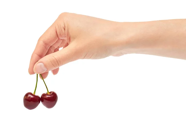 Beautiful female hand holds cherry gesture. Isolated on white background — Stock Photo, Image