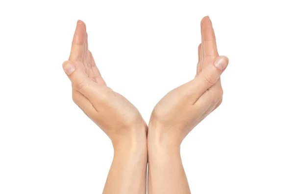 Bela mão feminina proteger gesto. Isolado sobre fundo branco — Fotografia de Stock