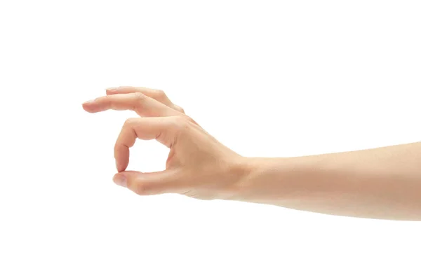 Hermosa mano femenina gesto OK. Aislado sobre fondo blanco —  Fotos de Stock