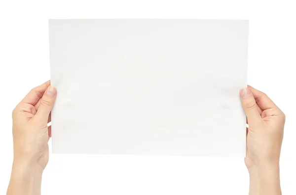 Hermosa mano femenina sosteniendo papel blanco. Aislado sobre fondo blanco — Foto de Stock