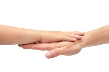 genç kızın çocuk elini tutarak el. Beyaz arka plan üzerinde izole