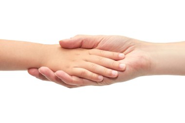 genç kızın çocuk elini tutarak el. Beyaz arka plan üzerinde izole