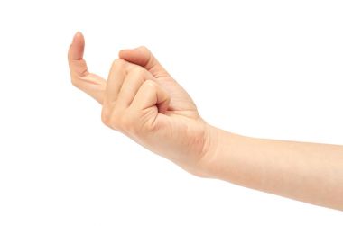 Bir kadının el jest, davet veya çekmek. Beyaz arka plan üzerinde izole