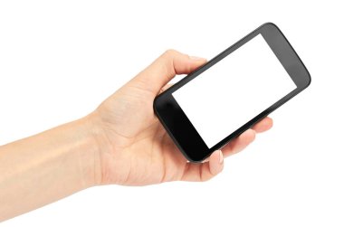 Eller bir cep telefonu, mockup şablon tutun. Beyaz arka plan üzerinde izole