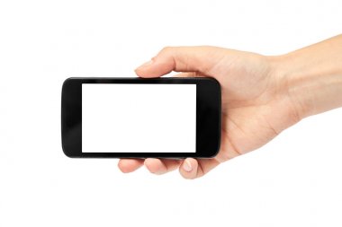 Eller bir cep telefonu, mockup şablon tutun. Beyaz arka plan üzerinde izole