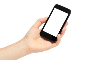 Eller bir cep telefonu, mockup şablon tutun. Beyaz arka plan üzerinde izole