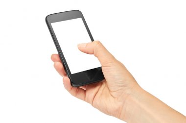 Eller bir cep telefonu, mockup şablon tutun. Beyaz arka plan üzerinde izole