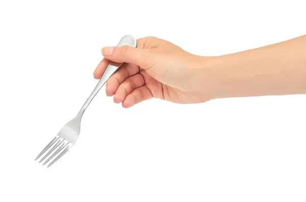 As mãos femininas seguram um garfo. Isolado sobre fundo branco — Fotografia de Stock