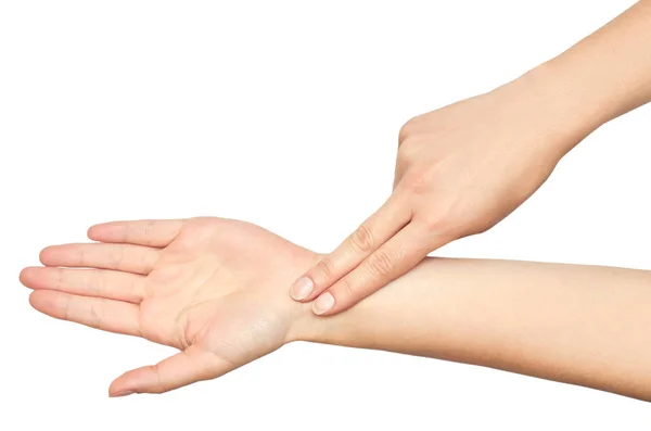 The gesture of a female hands Checks pulse with a fingers — Stock Photo, Image