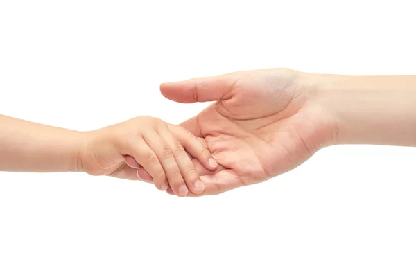 Mano de niña sosteniendo niños de la mano. Aislado sobre fondo blanco —  Fotos de Stock