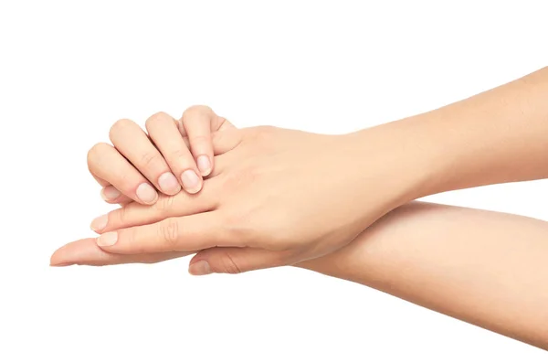 Gesto de la mano de una mujer, sostiene y apoya. Aislado sobre fondo blanco — Foto de Stock