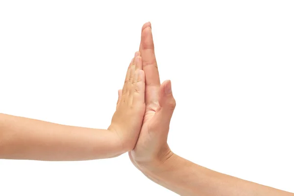 Mano de niña y los niños gesto de la mano, muestra alta cinco. Aislado sobre fondo blanco — Foto de Stock