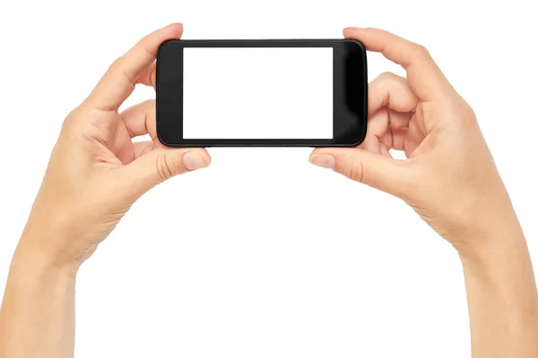 여성의 손을 잡고 휴대 전화, mockup 템플릿. 흰색 배경에 고립 — 스톡 사진