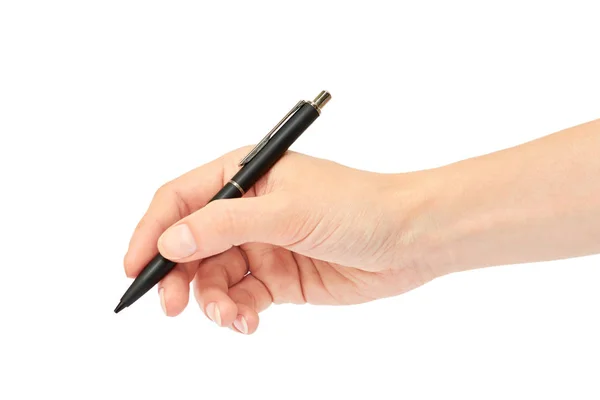 女性の手は、ペンを保持します。白い背景に分離 — ストック写真