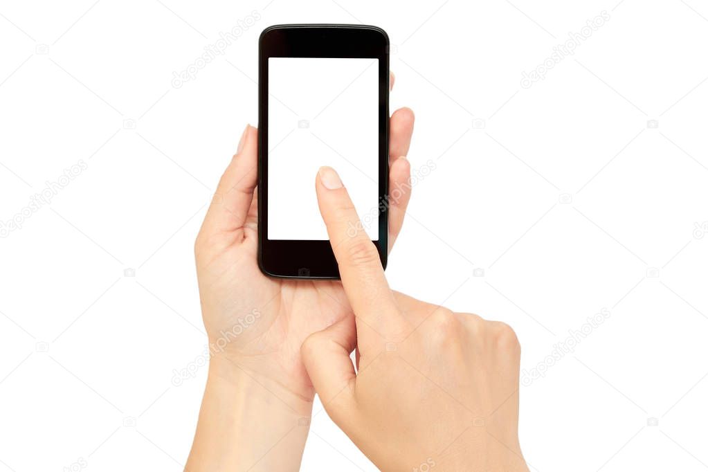 Female hands hold a cell phone, mockup template. Isolated on white background