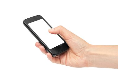 Eller bir cep telefonu, mockup şablon tutun. Beyaz arka plan üzerinde izole