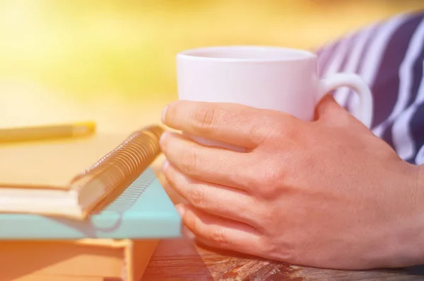 Una chica sostiene una taza de café y se sienta en un banco del parque. Cuadernos para escribir y libros. Estudios, trabajo y negocios —  Fotos de Stock