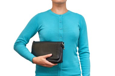 Kız onun elinde bir çanta ile. Beyaz arka plan üzerinde izole