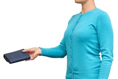 Kız onun elinde bir çanta ile. Beyaz arka plan üzerinde izole