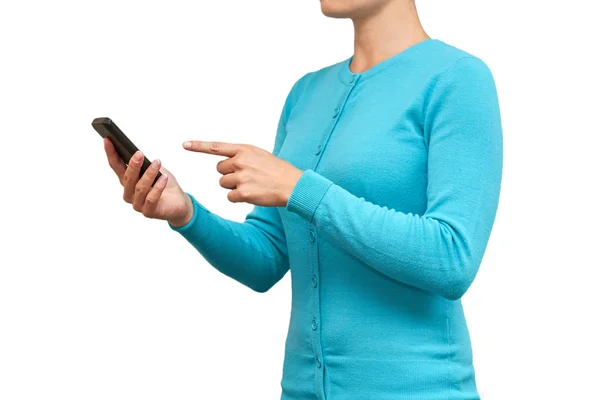 Fille avec téléphone portable dans les mains. isolé sur fond blanc — Photo