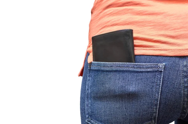 Skórzany portfel w kieszeni jeansów. Na białym tle — Zdjęcie stockowe