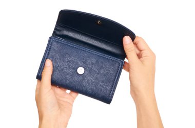 kadın elini tut beyaz arka plan üzerinde izole deri cüzdan