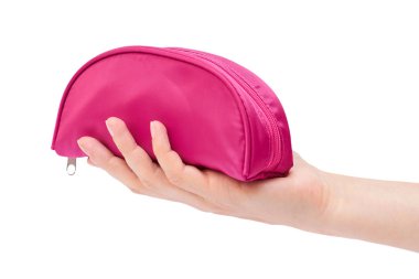 el tutma kozmetik çantası. Beyaz arka plan üzerinde izole