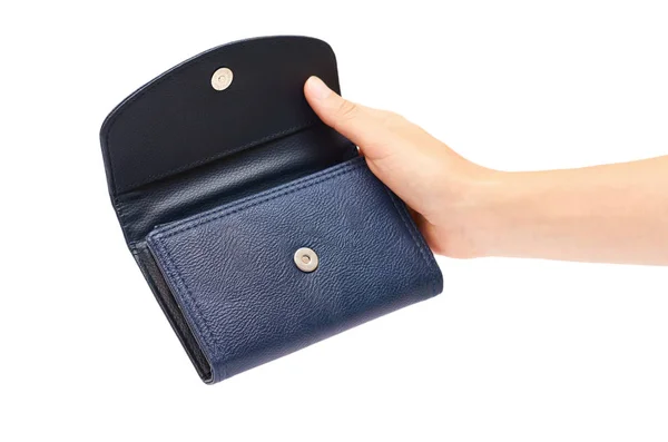 Mulher mão segurar carteira de couro isolado no fundo branco — Fotografia de Stock