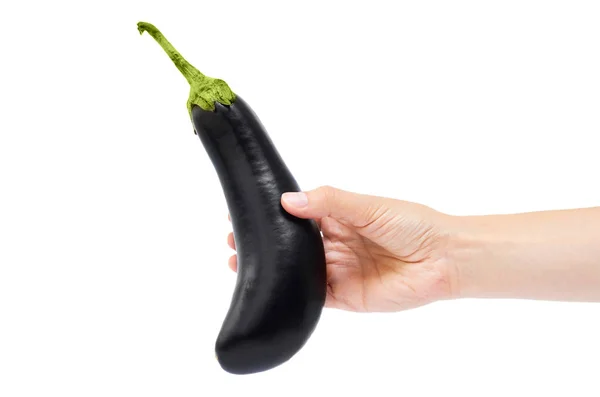 Hand met verse aubergine geïsoleerd op witte achtergrond — Stockfoto