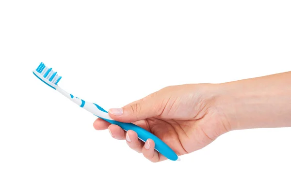Hand holding tooth brush isolated on white background — Stock Photo, Image