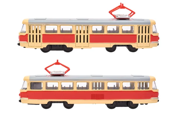 Moderní tramvaj hračka izolovaných na bílém pozadí — Stock fotografie