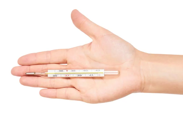 Termómetro de mercúrio na mão isolado sobre fundo branco — Fotografia de Stock