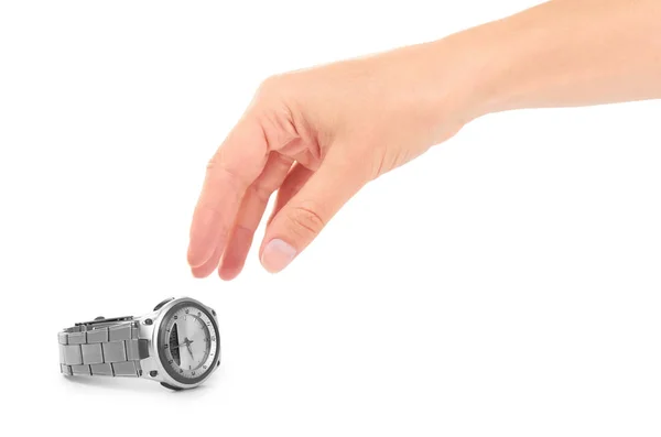 Femminile mano che tiene la mano orologi. Isolato su sfondo bianco — Foto Stock