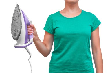 demir elinde tutan kız. Beyaz arka plan üzerinde izole