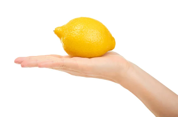 Mão feminina segurando limão. Isolado sobre fundo branco — Fotografia de Stock