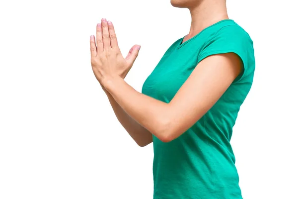 Dívka složila si ruce a modlil se nebo požádal o pomoc. Izolované na bílém pozadí — Stock fotografie