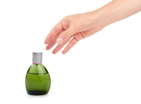 Mão feminina segurando frasco de perfume. Isolado sobre fundo branco — Fotografia de Stock