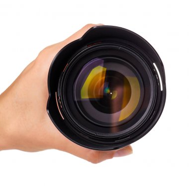 kamera lens üzerinde el izole beyaz arka plan