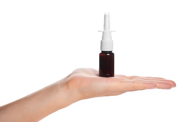 Medizinisches Nasenspray in der Hand isoliert auf weißem Hintergrund — Stockfoto