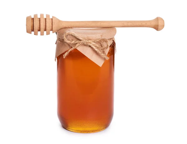 Eco home made honey in jar isolated on white background — Stok Foto