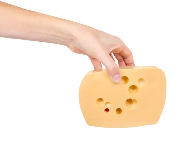 Bloque de queso en mano aislado sobre fondo blanco — Foto de Stock