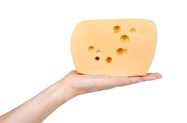Bloco de queijo na mão isolado sobre fundo branco — Fotografia de Stock