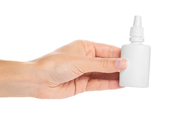 Spray nasal médico na mão isolado em fundo branco — Fotografia de Stock