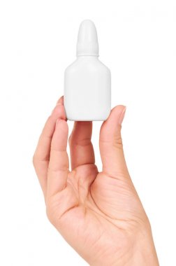 İlaç damlalık şişe el Isolated beyaz arka plan üzerinde